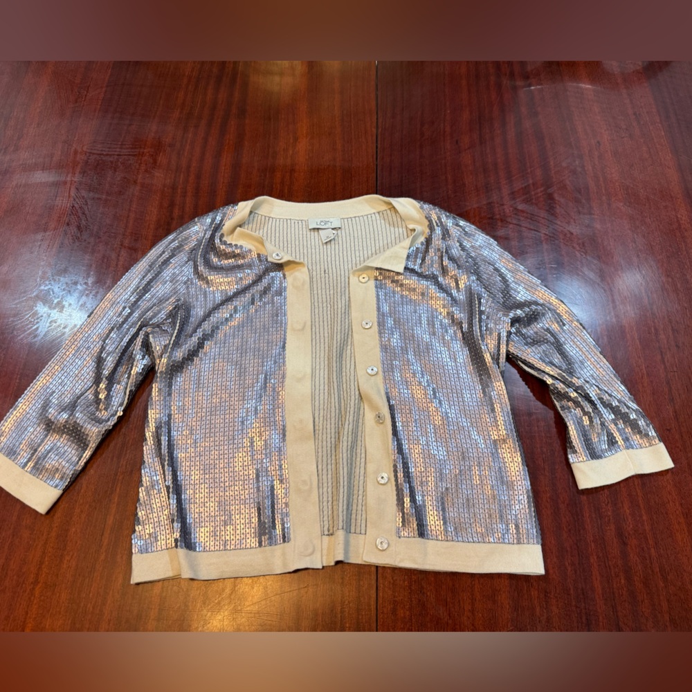 LOFT Silver and Cream Sequin Sweater